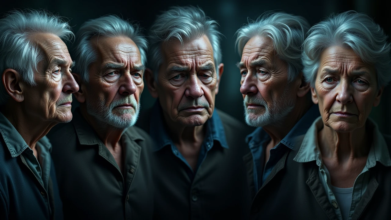 Montage-style image: collage of elderly faces (both men and women) showing visible discomfort, night setting in background, overlay text “Recurring Pain”, dramatic lighting, emotional tone, realistic textures