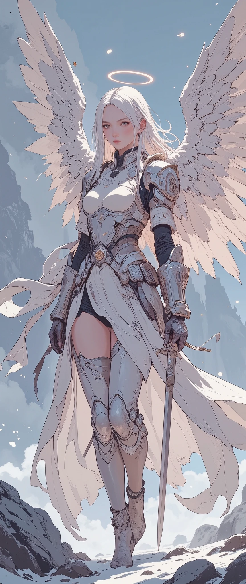 The figure of a young, beautiful angel girl with large blue and white wings is full-length, with a beautifully curved body, half-turned, slightly turning her head towards the viewer, young, with very beautiful young features, beautiful transparent, finely detailed eyes of a very light shade, sensual pink slightly parted lips, very fair skin and loose, very long white hair, elegant silver-gray armor. A long, flowing light blue dress, fluttering in the wind. The angel girl holds a long elegant sword, which gives her a confident and determined look. Large angel wings with blue and white feathers are spread out behind her back. A soft glowing halo of light surrounds her head, complementing the image of an angel. The background depicts a deserted snow-covered landscape subtly accentuated by a cold color palette of gray, lilac, pale pink, white and blue. The soft lighting highlights the details of the armor and the lightness of the wings. A low-altitude view and a camera shot from a low angle demonstrate the subject and the environment. The scene is detailed, carefully drawn, and creates a sense of mystery and power. Fantasy art style, digital painting.