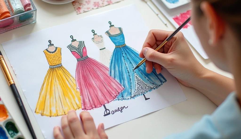 Instagram ad banner, CAFA sewing factory, sketches of fashionable dresses, rolls of fabric with different textures, bright accents, text "CAFA - Make your fashion dreams a reality", #custommade #fashiondesign #sewing #madetomeasure #CAFA