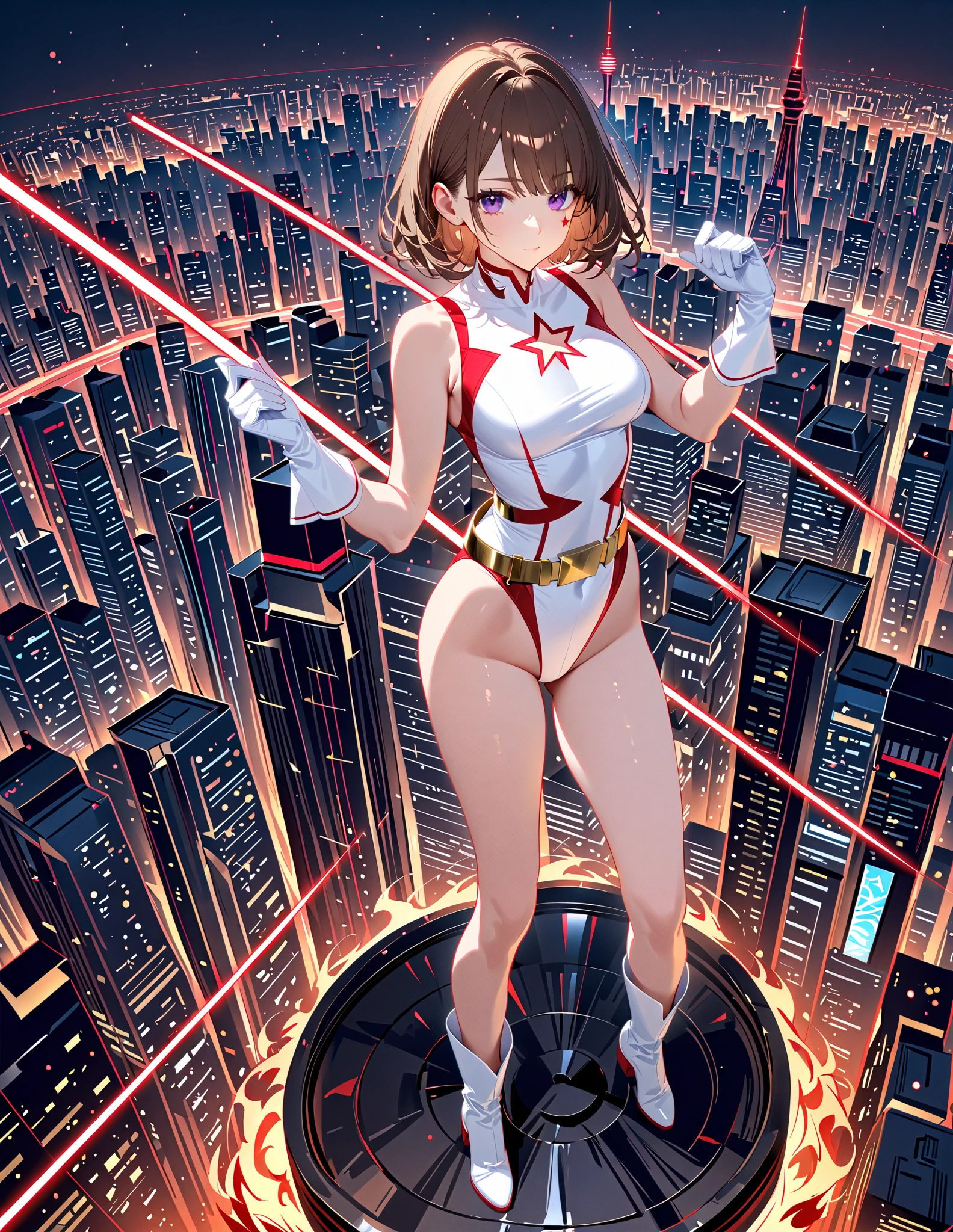 (masterpiece), (top quality), (high resolution), Medium Chest, ((leotard, white and red leotard, matching leotard, sleeveless top with p, Bare legs)), (([Belt tightening,  Gold Belt)), ((boots, matching boots, ankle-high boots, white boots)), ((gloves, white gloves)), city background, tokyo city background, solo,  single, standing, (full body), cowboy shot, Superhero, ((beautifully detailed eyes)), (( gold star mark on chest )), (brown hair,  medium hair, bob hair, purple eyes), (perfect hand, perfect anatomy), cowboy shot, Superhero, ((beautifully detailed eyes)), ((Fire a red laser through your eyes)), full body costume design.