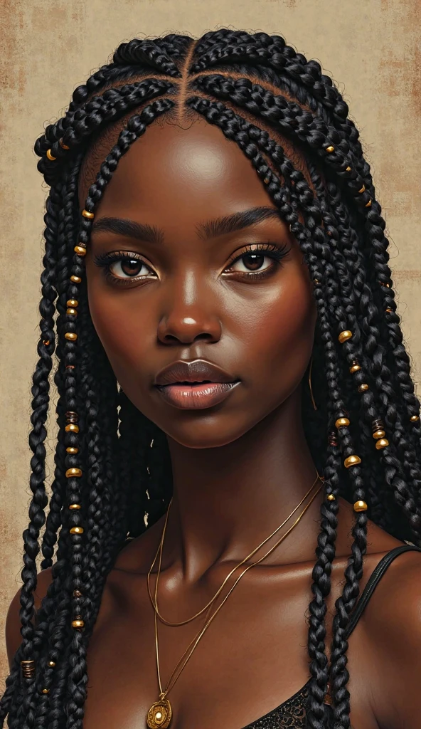 "A stunning African woman with deep brown skin and long, braided hair adorned with golden beads. She w
