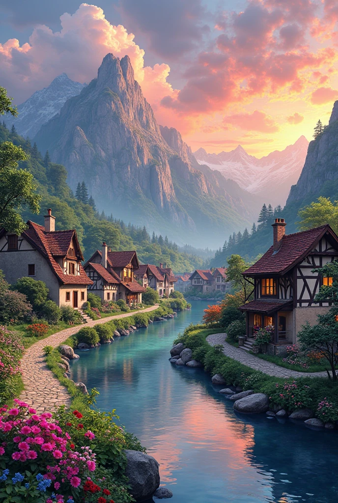 A small village by the river, color of the mountain in the background, colorful flower flowers, detailed landscape, beautiful natural scenery, atmospheric lighting, scorching sunset, warm colors, Practical, фотоPractical, detailed foliage, complex buildings, paved street, charming country house, swirl bright colors, lush vegetation, reflections on water, picturesque, idyllic, artwork, the best quality, 8k, very detailed, anime styling