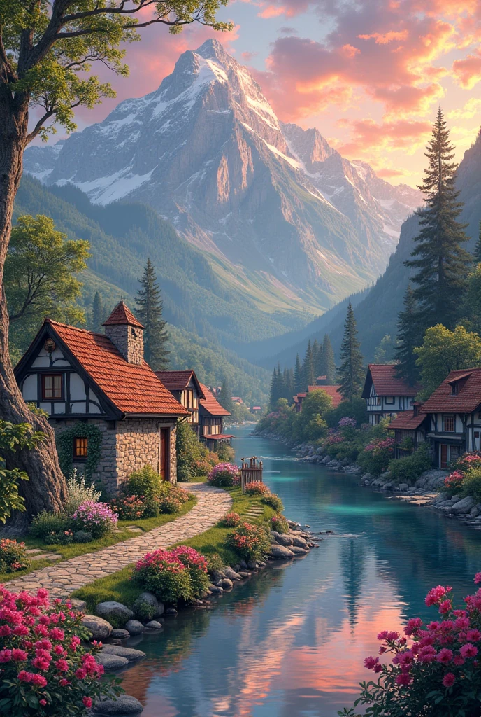A small village by the river, color of the mountain in the background, colorful flower flowers, detailed landscape, beautiful natural scenery, atmospheric lighting, scorching sunset, warm colors, Practical, фотоPractical, detailed foliage, complex buildings, paved street, charming country house, swirl bright colors, lush vegetation, reflections on water, picturesque, idyllic, artwork, the best quality, 8k, very detailed, anime styling
