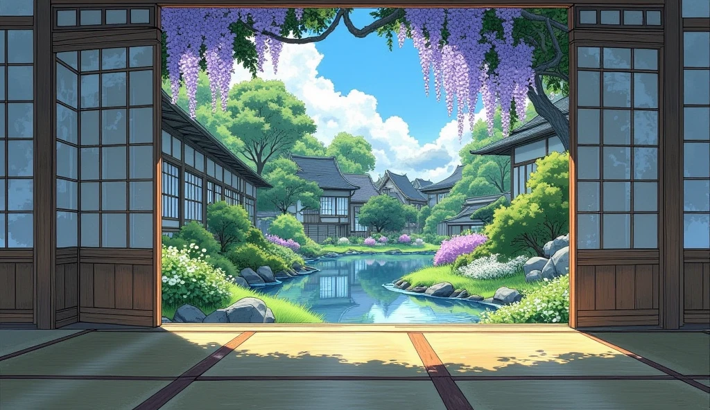 Garden seen from a Japanese Japanese-style room,tatami,Pool,Plants,purple wisteria flower,Sunlight,blue sky,cloud
