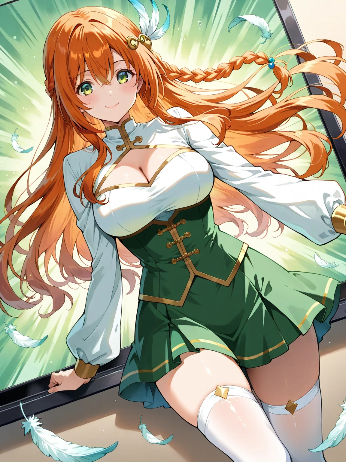 (masterpiece, highest quality:1.2), highest quality, masterpiece, high resolution, Anime style, portraiture, long hair, ash ginger hair, redhead, oversized coat, right green eyes, ((big breasts, huge breasts, large breasts, ample breasts)), magic, magic square, magician
