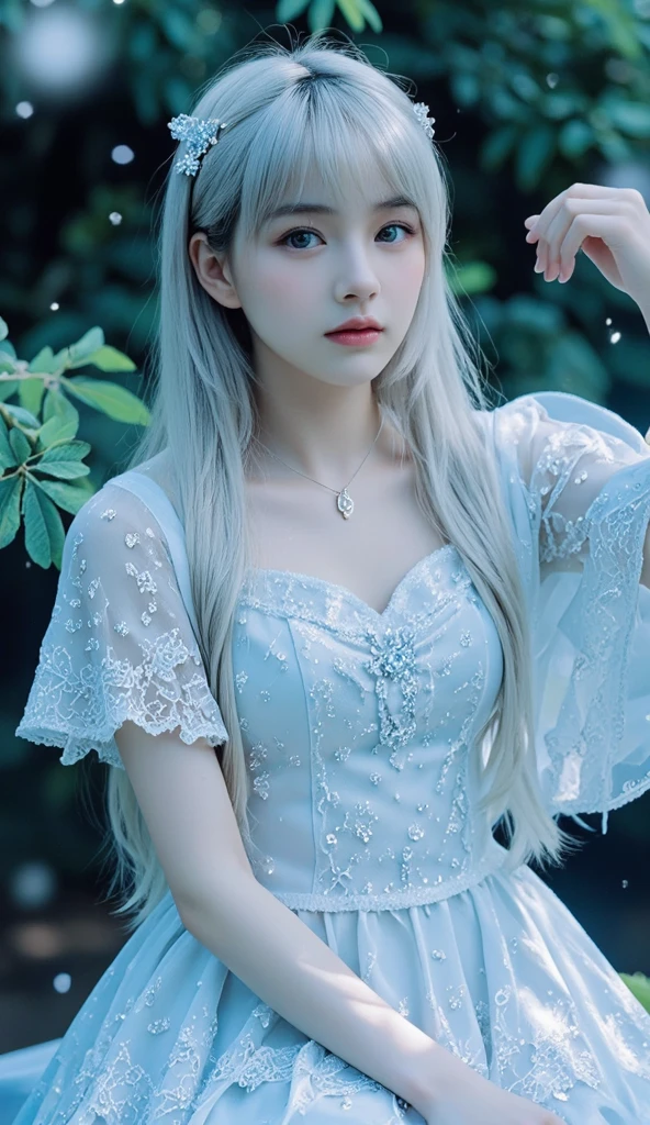 Masterpiece, Best quality, 8k, 18 years old, Raw photo, absurd, Award-winning portrait, smile, smile, pure, German, white pink ((ombre)) dress, huge breast, white hair, blue eyes, offshoulder, ((open waist)), ((full body))