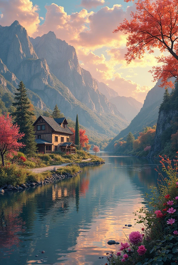 A small village by the river，Mountains in the background，Flowers in bloom，brightly colored， Detailed Scenery ， Beautiful natural landscape ，Mood lighting，Scorching sunset，Warm colors，practical，practical摄影， Detailed Leaves，Complex buildings， cobblestone streets ， Charming country house ，swirl，dense vegetation，Still water reflections，Picturesque，Leisure and tranquility，artworks，best quality，8k， Extremely Detailed，anime style