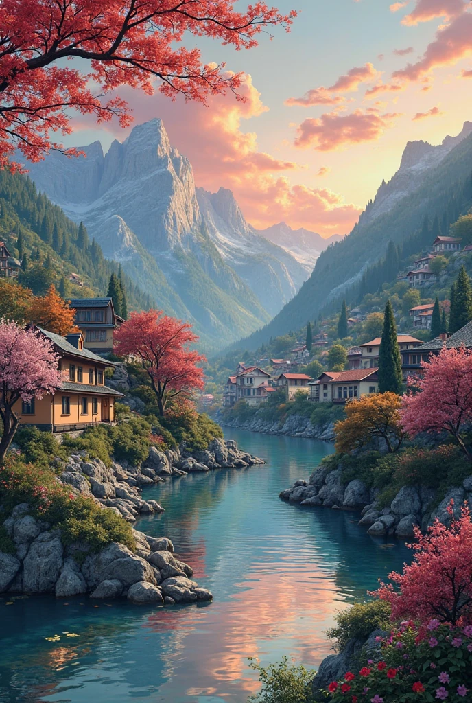 A small village by the river，Mountains in the background，Flowers in bloom，brightly colored， Detailed Scenery ， Beautiful natural landscape ，Mood lighting，Scorching sunset，Warm colors，practical，practical摄影， Detailed Leaves，Complex buildings， cobblestone streets ， Charming country house ，swirl，dense vegetation，Still water reflections，Picturesque，Leisure and tranquility，artworks，best quality，8k， Extremely Detailed，anime style