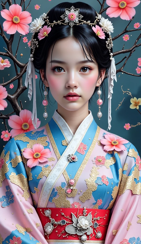 clothing style
The overall style：The overall costume style design is inspired by “hundred bird clothes”，} Add a sense of hierarchy and three-dimensionality to clothing，blends modern design concepts，These silverware decorations not only serve to preserve traditional charm but also have a sense of style，gives the impression of an elegant and gentle spring goddess。
Color matching：presenting ethnic minority clothing style，Blue like melting spring water，brightly colored The lines are intertwined，The two are intertwined，creating a fresh, elegant and vibrant atmosphere，with silver and white decorations，For example, silverware 、Silk, etc.，to add a sense of luxury and refinement。
Costume details
The top：may use a short design，Neckline、with a streamer pattern，或绣有Bird、flower pattern，to show the spring theme。to create a clean and elegant feeling，to echo the skirt，Light purple like flowers blooming in spring，also means that Hundred Birds of Spring。
skirt：for a long, flowing skirt，unique skirt design，The silver jewelry is engraved with a beautiful pattern，Streamers dance with the wind，Feathers are lightweight and flexible，is like a bird flying in the air，to further highlight the spring theme。skirt上有蜡染晕染而成的纹样，Like landscapes、Flowers, birds, etc，shows the exquisite craftsmanship of traditional silverware，has a delicate batik pattern on the cuff，The shoulders may be decorated with feathers。
Accessories：and make extensive use of Miao Yin elements，like a necklace、Bracelet、earrings、waist chains, etc.。that gently shakes as the character moves，Such as petals、Bird、Hydrangular patterns, etc.，The silver decoration in the shape of a flying bird on the side。这些银饰不仅起到装饰作用，and a fresh, jingling sound when the character moves，adds vitality to the skin and a lively spring atmosphere。
hairstyle design
Basic hairstyle：makes a pleasant sound for long, silvery white hair，Smooth hair，shiny，A cool and noble feeling。The hair is raised high above the head，to form a bun，with blue and light purple as the main colors，and also conforms to the characteristics of traditional ethnic minority hairstyles。
hair decoration：The headdress is woven into the bright red of spring，巧妙地糅合了花朵和Bird造型，, such as delicate silver flowers blooming on the bun，旁边有Bird形状的银饰点缀，may also be inserted on the bird or claws Hanging a small silver chain or bead，echoes the overall costume and headdress，发出悦耳的声响，Celebrate spring vitality。are intertwined around the bun，and hairpins with colored feathers or flower beaks，As if incorporating the beauty of spring into the dress，showing the character's dignity and elegance