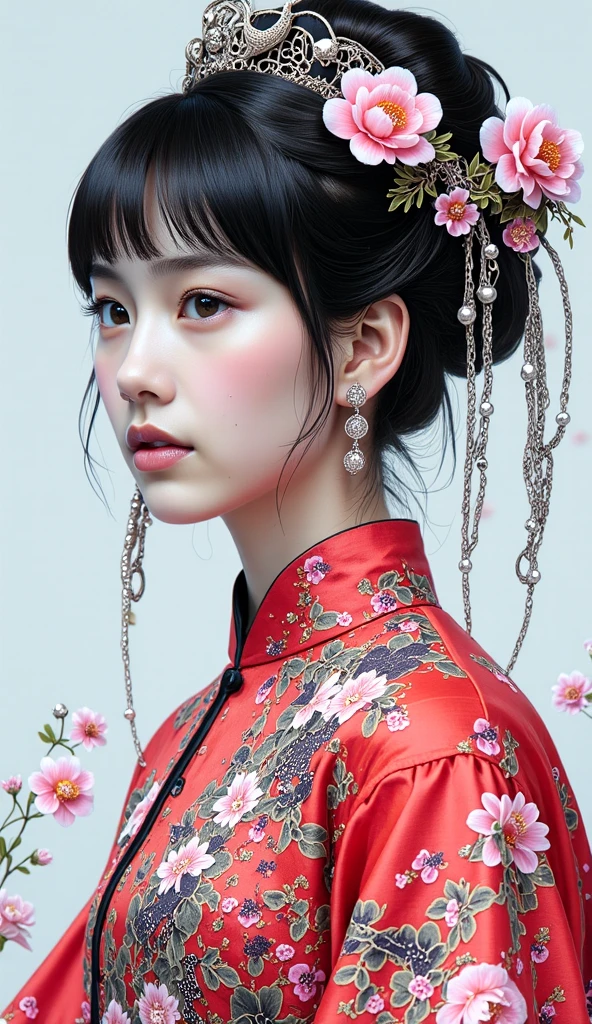 clothing style
The overall style：The overall costume style design is inspired by “hundred bird clothes”，} Add a sense of hierarchy and three-dimensionality to clothing，blends modern design concepts，These silverware decorations not only serve to preserve traditional charm but also have a sense of style，gives the impression of an elegant and gentle spring goddess。
Color matching：presenting ethnic minority clothing style，Blue like melting spring water，brightly colored The lines are intertwined，The two are intertwined，creating a fresh, elegant and vibrant atmosphere，with silver and white decorations，For example, silverware 、Silk, etc.，to add a sense of luxury and refinement。
Costume details
The top：may use a short design，Neckline、with a streamer pattern，或绣有Bird、flower pattern，to show the spring theme。to create a clean and elegant feeling，to echo the skirt，Light purple like flowers blooming in spring，also means that Hundred Birds of Spring。
skirt：for a long, flowing skirt，unique skirt design，The silver jewelry is engraved with a beautiful pattern，Streamers dance with the wind，Feathers are lightweight and flexible，is like a bird flying in the air，to further highlight the spring theme。skirt上有蜡染晕染而成的纹样，Like landscapes、Flowers, birds, etc，shows the exquisite craftsmanship of traditional silverware，has a delicate batik pattern on the cuff，The shoulders may be decorated with feathers。
Accessories：and make extensive use of Miao Yin elements，like a necklace、Bracelet、earrings、waist chains, etc.。that gently shakes as the character moves，Such as petals、Bird、Hydrangular patterns, etc.，The silver decoration in the shape of a flying bird on the side。这些银饰不仅起到装饰作用，and a fresh, jingling sound when the character moves，adds vitality to the skin and a lively spring atmosphere。
hairstyle design
Basic hairstyle：makes a pleasant sound for long, silvery white hair，Smooth hair，shiny，A cool and noble feeling。The hair is raised high above the head，to form a bun，with blue and light purple as the main colors，and also conforms to the characteristics of traditional ethnic minority hairstyles。
hair decoration：The headdress is woven into the bright red of spring，巧妙地糅合了花朵和Bird造型，, such as delicate silver flowers blooming on the bun，旁边有Bird形状的银饰点缀，may also be inserted on the bird or claws Hanging a small silver chain or bead，echoes the overall costume and headdress，发出悦耳的声响，Celebrate spring vitality。are intertwined around the bun，and hairpins with colored feathers or flower beaks，As if incorporating the beauty of spring into the dress，showing the character's dignity and elegance