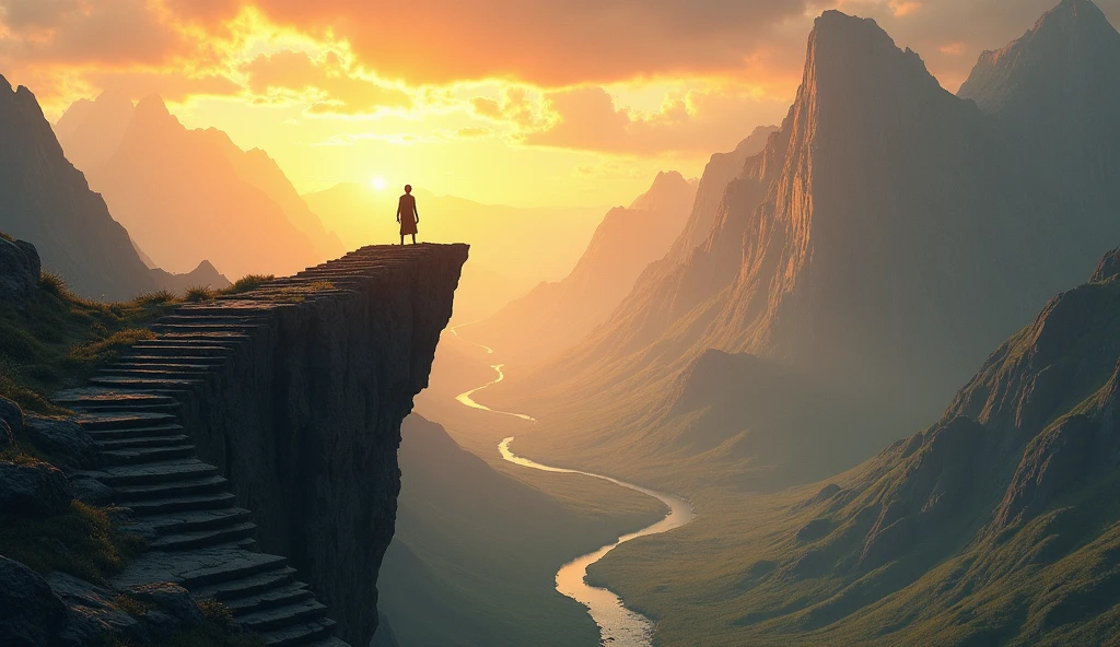 A lone figure stands atop a rocky cliff overlooking a valley.  The figure is small in the frame, positioned on the upper middle ground, and facing forward, gazing out over the landscape. The figure's gender and ethnicity are not discernible.  The environment is a stylized fantasy landscape. Dramatic, towering mountains form the background, with a winding river flowing through the valley.  The scene is lit by a warm, golden sunset that casts a soft glow on the mountains and valley.  Light beams diagonally shine down on the cliff face and stairs.  The color palette is a mix of warm earthy tones, like golden browns, deep greens, and muted oranges.  The sky features dramatic clouds.  There are ancient stone stairs leading up to the clifftop, blending with the terrain.  The overall style is epic, mysterious, and evocative of a fantasy world.  The scene suggests a sense of wonder, and quiet contemplation.  Small glowing particles are scattered throughout the image, adding to the magical atmosphere.  The perspective is from a slightly elevated viewpoint, looking down upon the valley below.