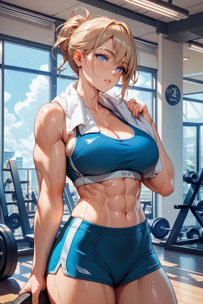 ((One girl)), masterpiece,Highest quality,High resolution、14 years old、cute、Sweat、Gym short、blue bra、No sleeve、Tight fit、Sportswear、smile、medium perfect breasts、Outdoor, trained muscles belly, trained muscles
abs, young, thin,