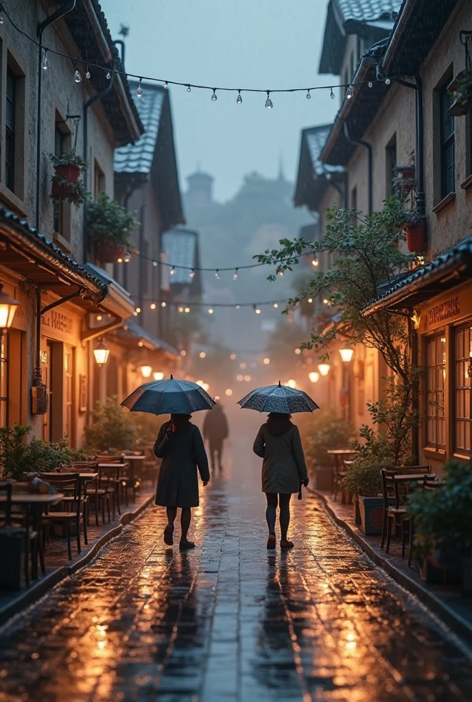 "A quiet rainy street in a small town at dusk, wet pavement reflecting warm lights from cafes, people with umbrellas walking slowly, realistic photography style, 4K"