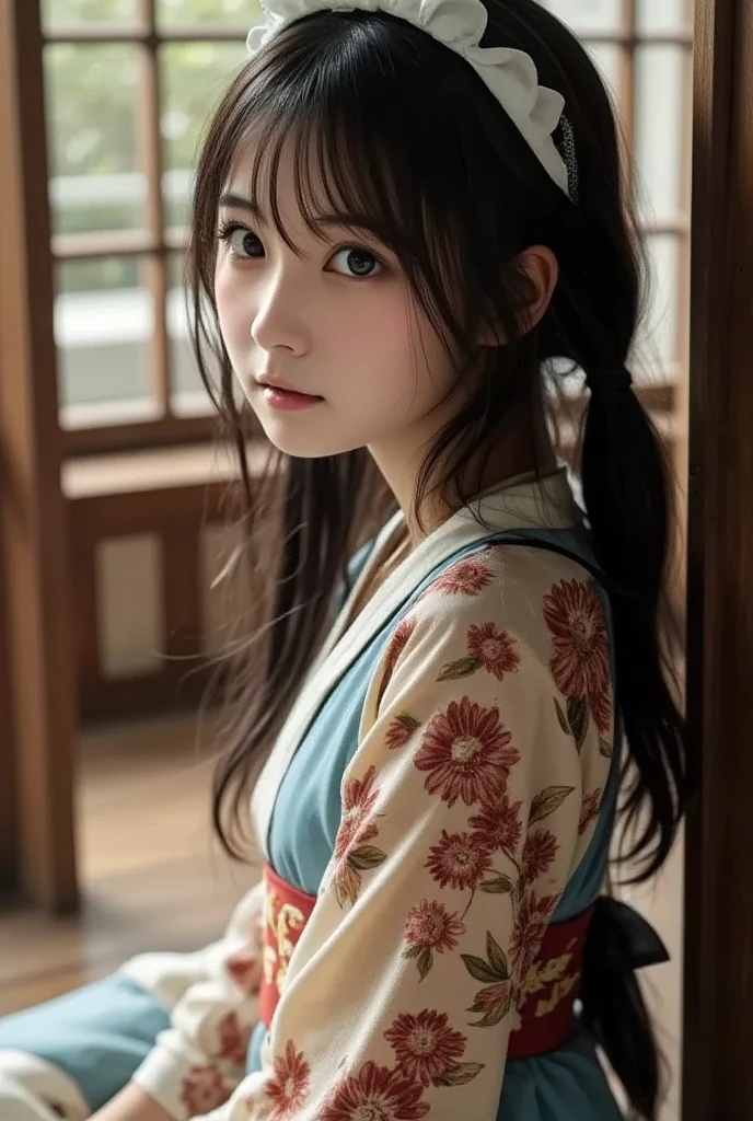 snake girl、21 years old、female、black hair long hair、has bangs aligned above her eyebrows、The eyes are large and the pupils are vertically narrow like snakes、smile、is loud、wearing a kimono、 The background is a room in an old folk house 、