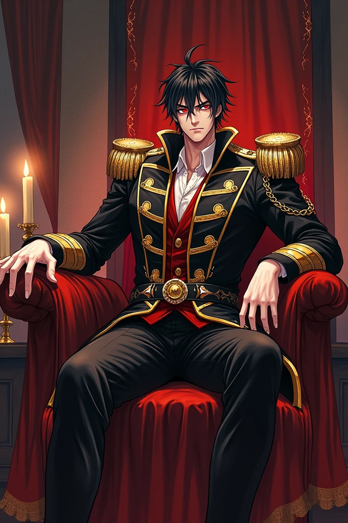 <lora:Daisuke Ishiwatari:0.55>, ultra detailed, masterpiece, best quality, solo, smug smile, sitting, arm rest, head on hand, throne room, red banner, black and red theme, 1boy, red eyes, <lora:Tsurime3:1>, (tsurime:1.2), black hair, undercut, top knot, parted bangs, long bangs, bangs, short hair, hair intakes, tall, (coat on shoulders:1.3), dress shirt, sleeves rolled up, fingerless gloves, holster, pants, belt, multiple belts, combat boots, bulletproof vest, tactical clothes,