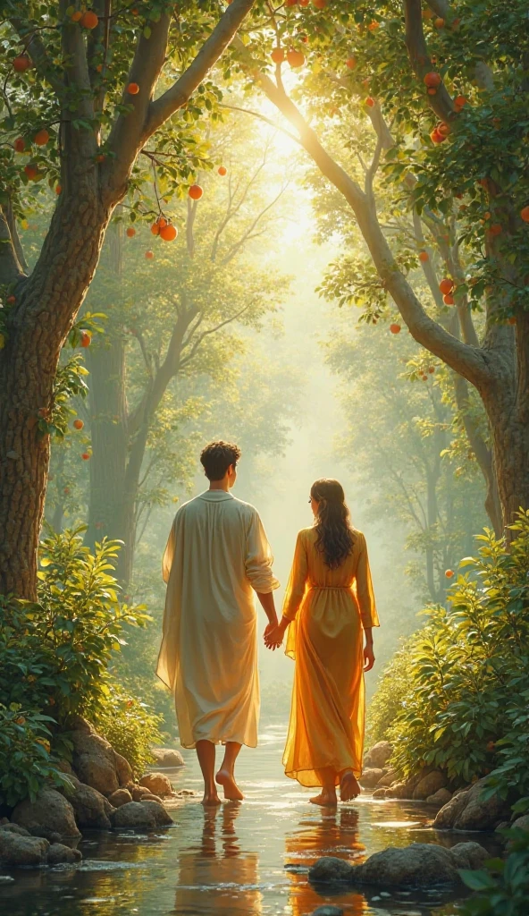 "Adam and Hawwa walking together in Jannah, surrounded by trees, rivers, and light."