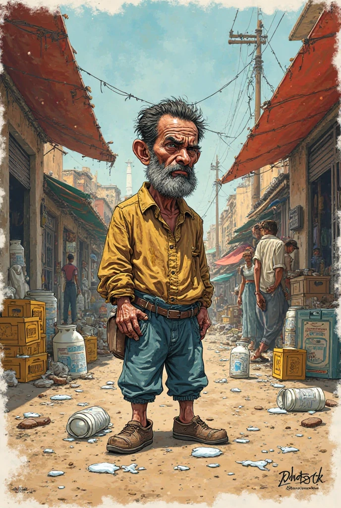 Image comique de crise de laitière au Maroc avec un seul personnage dans la détresse 