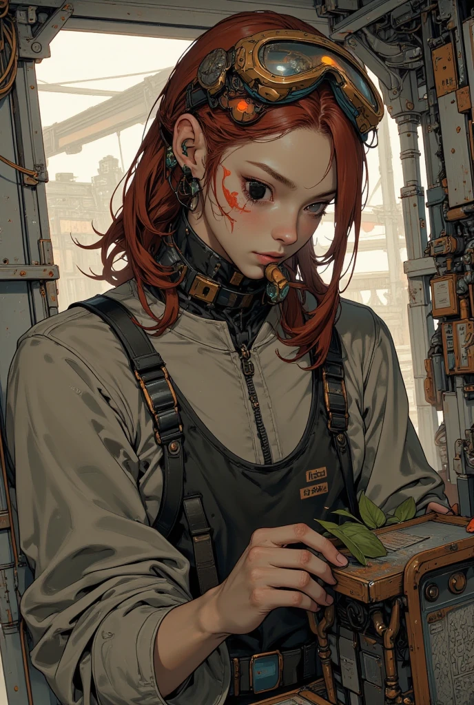 A kind-hearted middle-aged man with sharp features, currently repairing something. He has deep red long hair tied back, wears a long-sleeved fitted tank top, and has a safety goggle resting on his head—like those used in construction. One of his eyes is covered with an eyepatch, and a leaf rests casually between his lips.