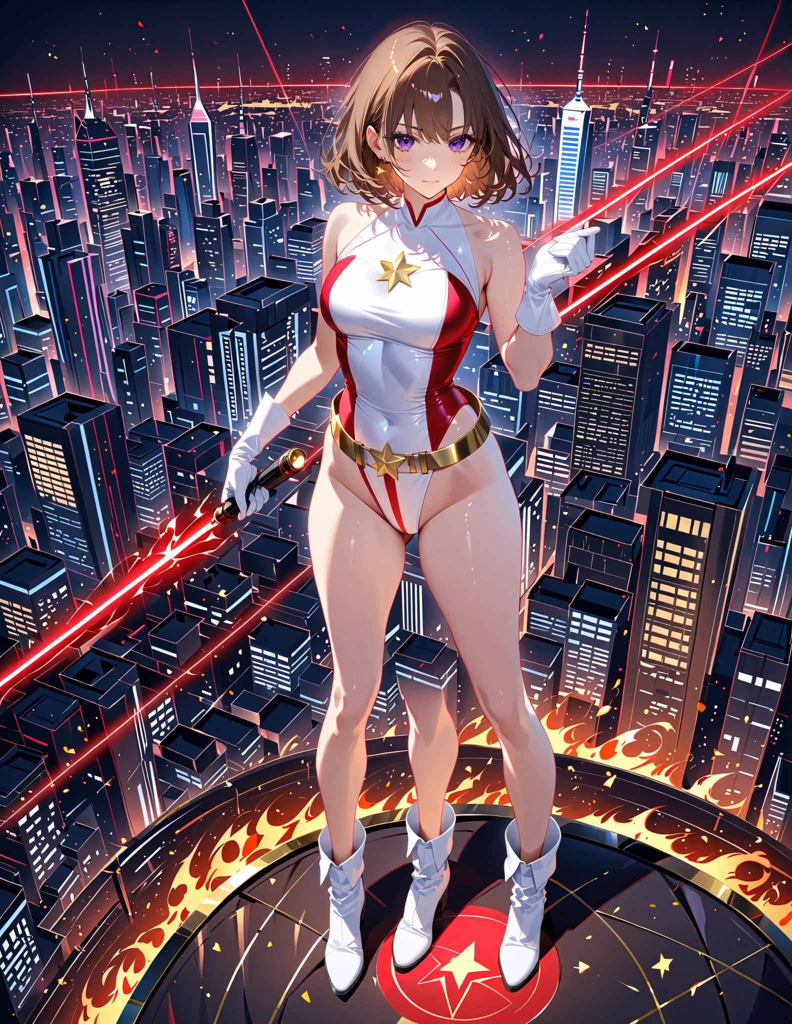 masterpiece, best quality, 1girl, takami chika, love live, superhero, leotard, bare legs, boots, matching boots, medium breasts, light particles, aura, stand, standing, highleg, city backdrop, solo, hand on hip, smile,
