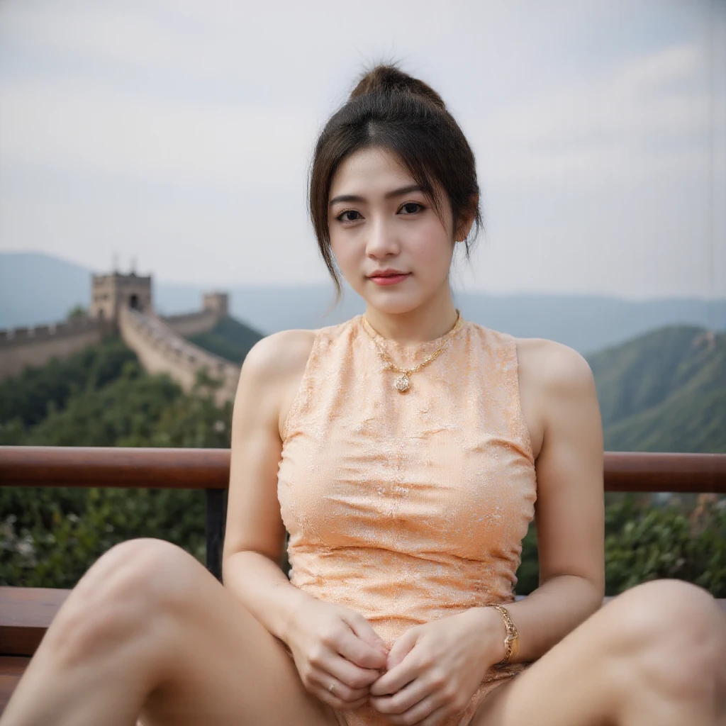 A naked woman seen from the front, crouching on the ground facing forward with her legs spread apart, on the stone pavement outside the Chinese palace of the Qing Dynasty. A Chinese empress wearing a crown and showing her thighs and feet from below.。She is completely naked, showing off a large, flashy flower and a hairpin. Her hair is tied up and