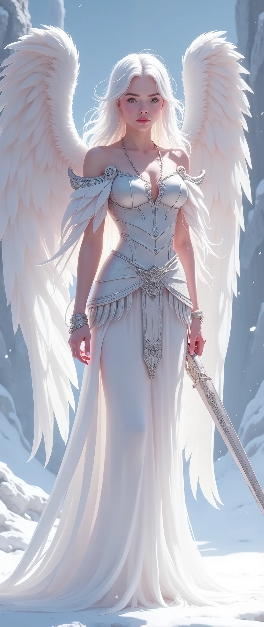 The figure of a young, beautiful angel girl with large blue and white wings is full-length, with a beautifully curved body, half-turned, slightly turning her head towards the viewer, young, with very beautiful young features, beautiful transparent, finely detailed eyes of a very light shade, sensual pink slightly parted lips, very fair skin and loose, very long white hair, elegant silver-gray armor.   A long, flowing light blue dress, fluttering in the wind. The angel girl holds a long elegant sword, which gives her a confident and determined look. Large angel wings with blue and white feathers are spread out behind her back.  A soft glowing halo of light surrounds her head, complementing the image of an angel.  The background depicts a deserted snow-covered landscape subtly accentuated by a cold color palette of gray, lilac, pale pink, white and blue.  The soft lighting highlights the details of the armor and the lightness of the wings.  A low-altitude view and a camera shot from a low angle demonstrate the subject and the environment.   The scene is detailed, carefully drawn, and creates a sense of mystery and power. Fantasy art style, digital painting.