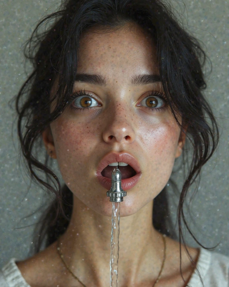 very sexy girl, long straight brown hair, colorful earrings, big square glasses, naked, in the kitchen, small breasts, adorable, smiles, looking down on, cum_in_mouth, cum_on_tongue, facial, bukkake, oil painting, chiaroscuro , sensual and dramatic lighting, melancholic, photorealistic atmosphere, full of semen, Bill Sienkiewicz inspired art