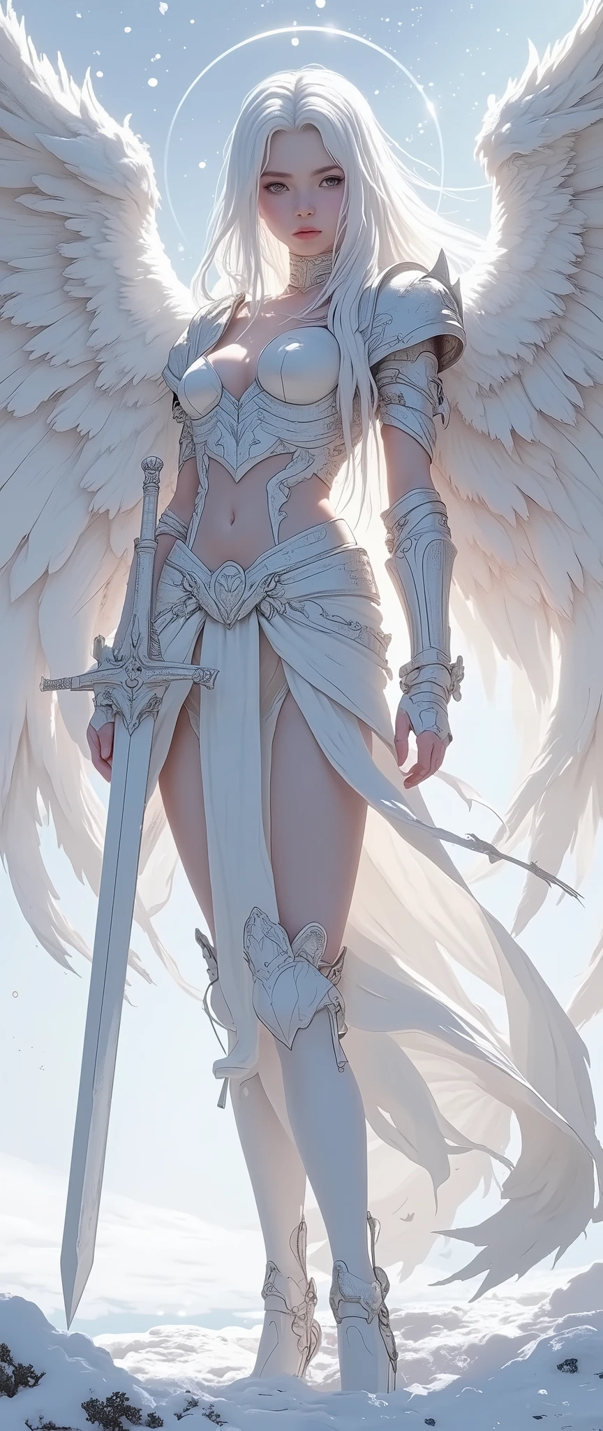 The figure of a young, beautiful angel girl with large blue and white wings is full-length, with a beautifully curved body, half-turned, slightly turning her head towards the viewer, young, with very beautiful young features, beautiful transparent, finely detailed eyes of a very light shade, sensual pink slightly parted lips, very fair skin and loose, very long white hair, elegant silver-gray armor. A long, flowing light blue dress, fluttering in the wind. The angel girl holds a long elegant sword, which gives her a confident and determined look. Large angel wings with blue and white feathers are spread out behind her back. A soft glowing halo of light surrounds her head, complementing the image of an angel. The background depicts a deserted snow-covered landscape subtly accentuated by a cold color palette of gray, lilac, pale pink, white and blue. The soft lighting highlights the details of the armor and the lightness of the wings. A low-altitude view and a camera shot from a low angle demonstrate the subject and the environment. The scene is detailed, carefully drawn, and creates a sense of mystery and power. Fantasy art style, digital painting.