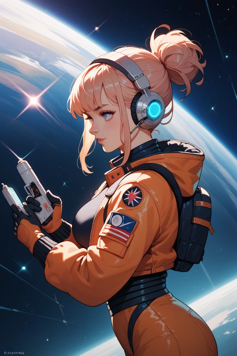 A girl in a futuristic space suit flies through space continuum and reaches out to a distant twinkling star