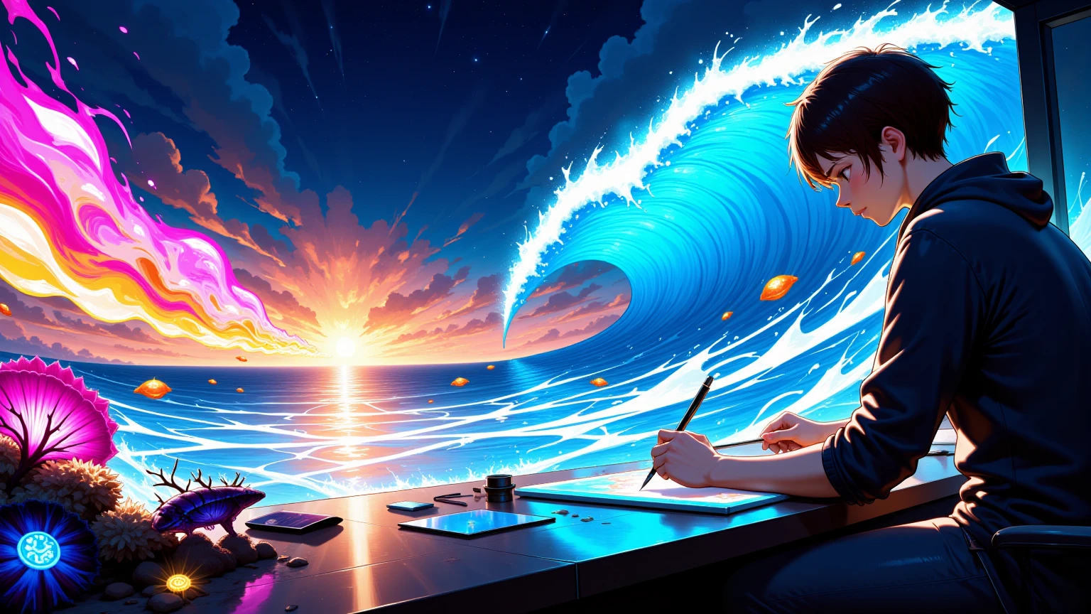 Wide landscape shot of an artist painting at a desk — vibrant waves of glowing rainbow-colored water flow from the brush, transforming into bioluminescent fish, jellyfish, and coral  
The scene bursts with color and magical energy — glowing particles, sparkling rainbow trails, and shimmering light effects fill the air  
In the background, a fantastical ocean blends into a starry digital sky with cosmic and geometric patterns  
The SeaArt logo appears as glowing plankton near the crest of a vivid magical wave  
Photorealistic fantasy art, vibrant colors, magical realism  
Color theme: electric blues, pinks, purples, neon greens, glowing gold  
Studio lighting blends with wave light — creating reflections on the artist’s face and hands  
best quality, masterpiece, ultra-detailed, trending on ArtStation, fantasy explosion