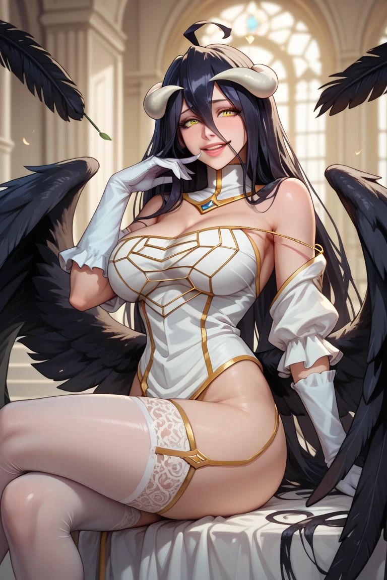 al1, demon horns, white gloves, micro white tying bikini, white thong, bare shoulders, detached collar, slit pupils, black wings, feathered wings, low wings, legs open, looking at viewer, squatting, pov eye level,