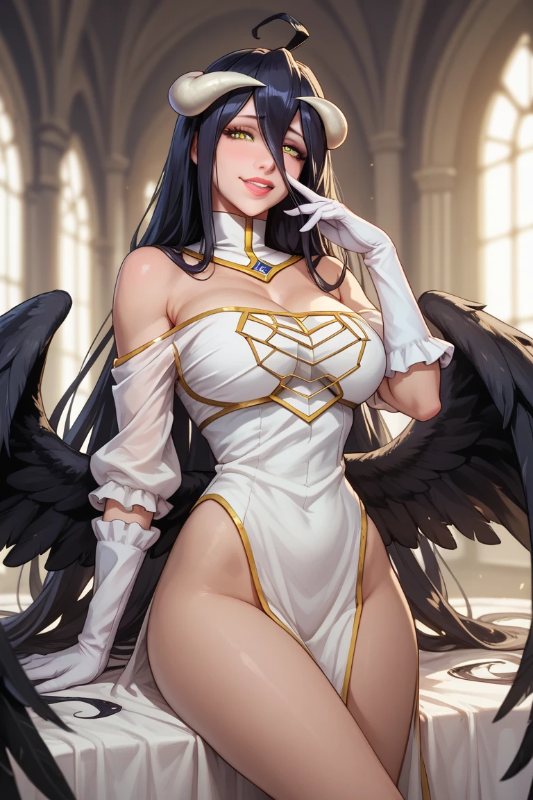 BREAK looking at viewer, BREAK (masterpiece:1.2), best quality, high resolution, unity 8k wallpaper, (illustration:0.8), (beautiful detailed eyes:1.6), extremely detailed face, perfect lighting, extremely detailed CG, (perfect hands, perfect anatomy),church,benches,icons,candles,crosses,night,dark atmosphere,low light,albedo, ahoge, black hair, horns, long hair, (yellow eyes:1.5),skinny fit,
bare hips, bare shoulders, black wings, detached collar, elbow gloves, feathered wings, gloves, gold trim, high collar, hip vent, jewelry, white gloves, wings,maniac smile,stockings,medium breast,sitting, spread legs,showing panties, white panties,camel toe.