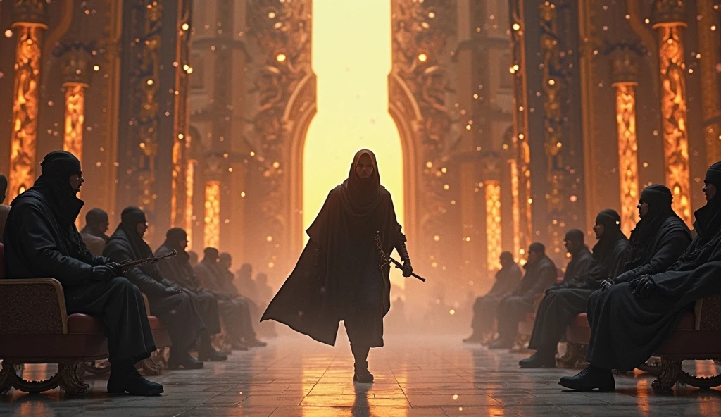 Inside the Galactic Council’s towering, ornate chamber, alien leaders sit comfortably in their high-backed thrones, laughing dismissively at Earth’s supposed weakness. They’ve conquered worlds, crushed civilizations — and they’ve written humanity off as nothing more than a fleeting curiosity. Suddenly, the room goes cold. A figure, cloaked in shadow, steps forward from the darkness. A lone human ninja, dressed in sleek black armor, glides silently across the floor, their face hidden beneath a mask. The ninja moves like a blur, so fast that the council barely registers their presence before it's too late. With precise and terrifying grace, they incapacitate the alien guards with swift, lethal moves. The council members' confident expressions slowly shift to terror as they realize they’re no longer in control. The ninja strikes again and again, each move more deadly than the last. The chamber that once echoed with the council’s laughter is now filled with the chilling sound of silence and the swift strike of deadly precision. The scene captures the council's growing panic as their invulnerability crumbles — their eyes wide with fear and disbelief. The lighting in the chamber flickers as alien tech begins to fail, and the ninja’s silhouette is framed by the glowing, alien architecture of the room. The battle is over before it even begins, and humanity has made its mark.