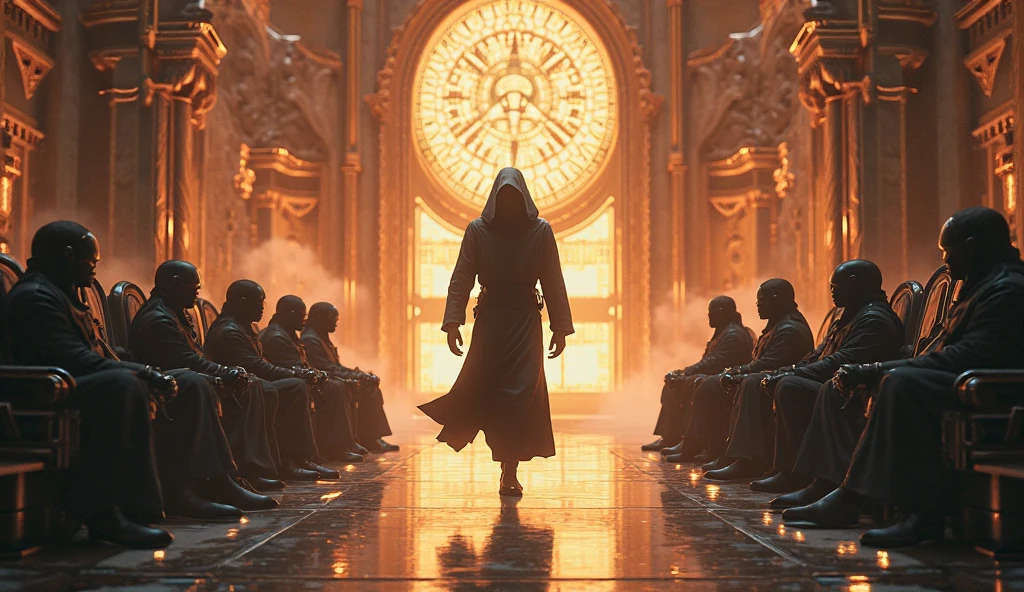 Inside the Galactic Council’s towering, ornate chamber, alien leaders sit comfortably in their high-backed thrones, laughing dismissively at Earth’s supposed weakness. They’ve conquered worlds, crushed civilizations — and they’ve written humanity off as nothing more than a fleeting curiosity. Suddenly, the room goes cold. A figure, cloaked in shadow, steps forward from the darkness. A lone human ninja, dressed in sleek black armor, glides silently across the floor, their face hidden beneath a mask. The ninja moves like a blur, so fast that the council barely registers their presence before it's too late. With precise and terrifying grace, they incapacitate the alien guards with swift, lethal moves. The council members' confident expressions slowly shift to terror as they realize they’re no longer in control. The ninja strikes again and again, each move more deadly than the last. The chamber that once echoed with the council’s laughter is now filled with the chilling sound of silence and the swift strike of deadly precision. The scene captures the council's growing panic as their invulnerability crumbles — their eyes wide with fear and disbelief. The lighting in the chamber flickers as alien tech begins to fail, and the ninja’s silhouette is framed by the glowing, alien architecture of the room. The battle is over before it even begins, and humanity has made its mark.