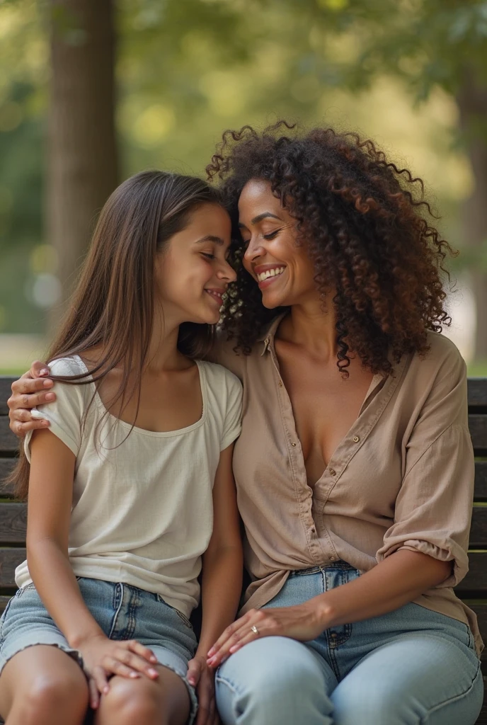 A young indian girl having conrow braided hair like african ladies' hair and she is kissing a eldery indian lady who wears swiming suit having conrow braided hair like african ladies' hairs,at the office