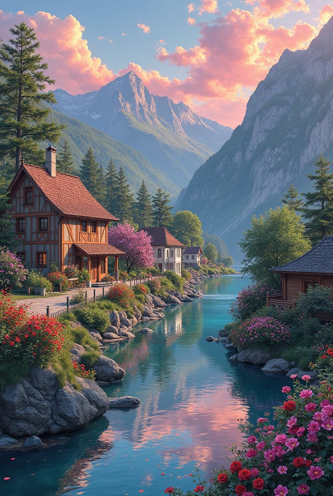 A small village by the river, color of the mountain in the background, colorful flower flowers, detailed landscape, beautiful natural scenery, atmospheric lighting, scorching sunset, warm colors, Practical, фотоPractical, detailed foliage, complex buildings, paved street, charming country house, swirl bright colors, lush vegetation, reflections on water, picturesque, idyllic, artwork, the best quality, 8k, very detailed, anime styling