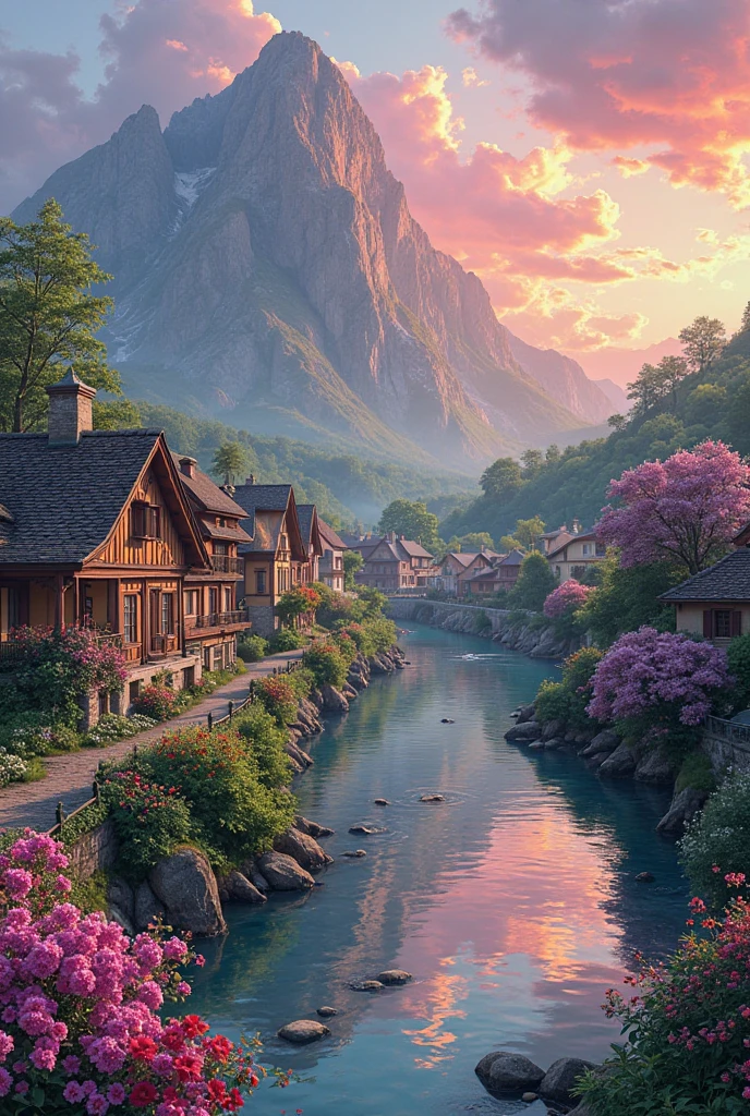 A small village by the river, color of the mountain in the background, colorful flower flowers, detailed landscape, beautiful natural scenery, atmospheric lighting, scorching sunset, warm colors, Practical, фотоPractical, detailed foliage, complex buildings, paved street, charming country house, swirl bright colors, lush vegetation, reflections on water, picturesque, idyllic, artwork, the best quality, 8k, very detailed, anime styling