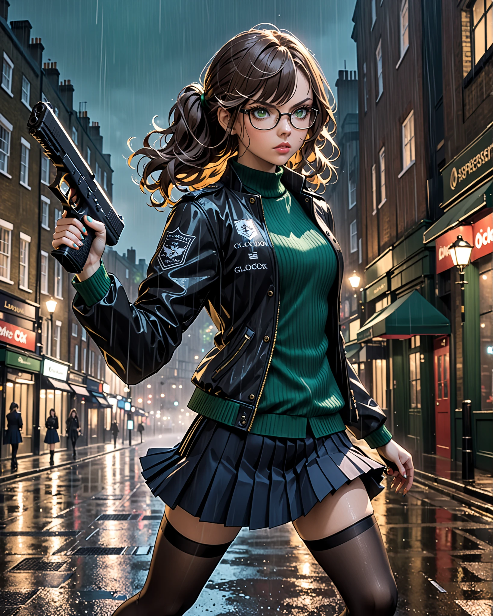 masterpiece, best quality, absurdres, highres, newest, 1female, twenty-nine year old female,black hair, wavy hair, side pigtail hair, emerald green eyes, (glasses), lips, serious expression, dark blue lethal jacket, black pinstriped sweater, (dark blue pleated skirt, miniskirt), full black tights, black combat boots, perfect anatomy, standing kung fu stance, loosely inspired by Diana Riggs, loosely inspired from Juile Andrews, loosely inspired from Anna Williams from Tekken, loosely inspired by Scarlett Johansson, one hand holds a parasol that operates like an helicopter, the other hand holds a glock 17 pistol with suppressor, London street background, rain, cinematic lighting