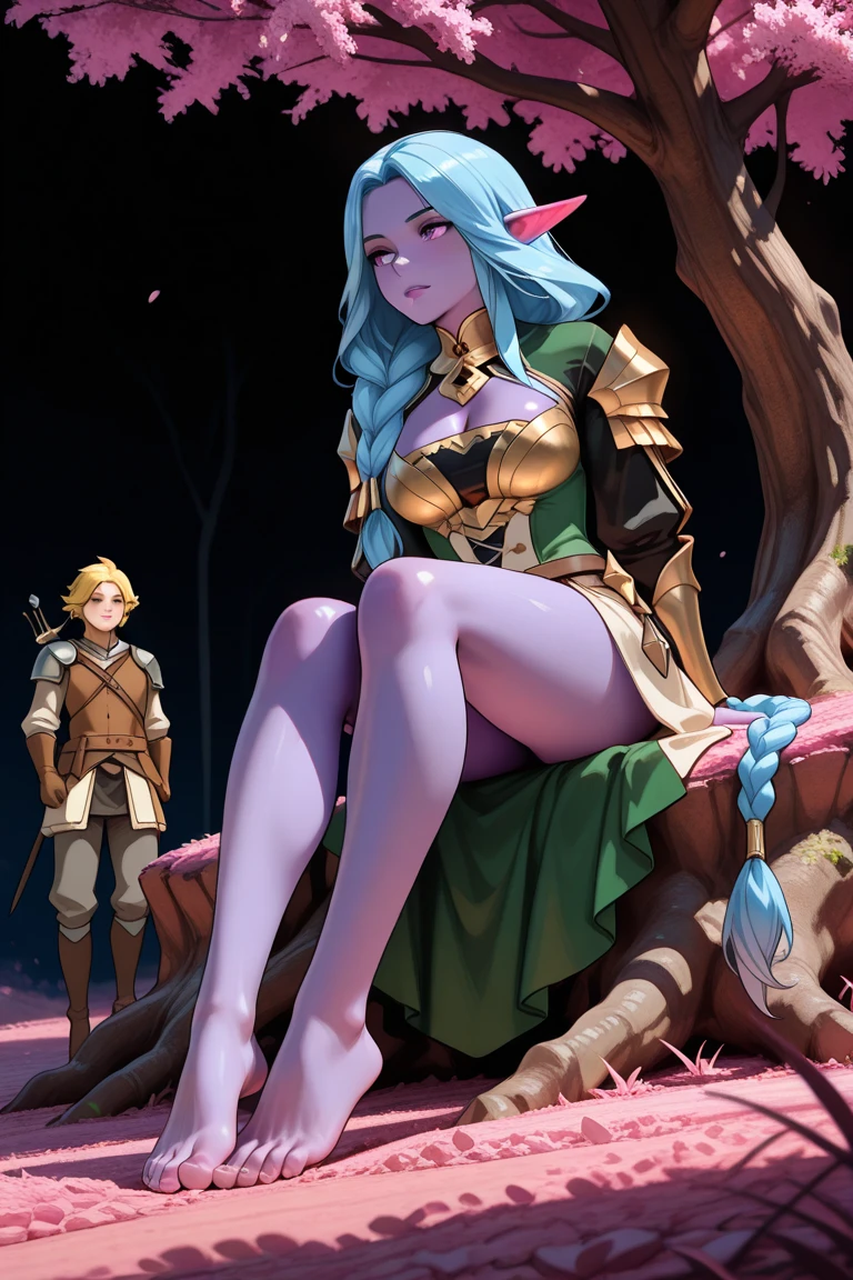 Make a picture where a fairy is getting tied up by a female thief in the woods, bound