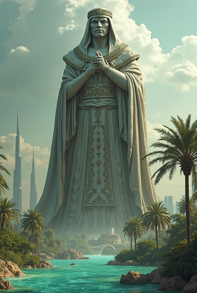 Now generate me an image of a giant mythical guardian figure for Dubai with the head of an Onyx wearing traditional arab clothing with a background of an oasis