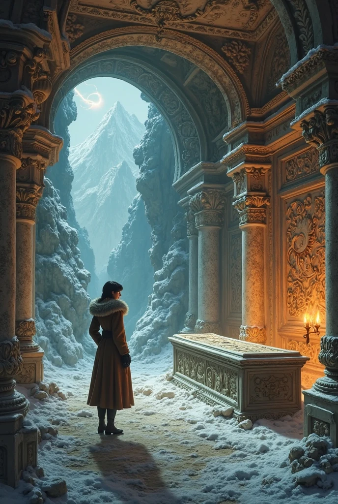 The interior of a richly decorated tomb with elaborate marble carvings and paintings. There is a massive sarcophagus, engraved with an image of a beautiful woman. A light fog hangs in the air, , amplifying the eerie atmosphere.

Scenes on the walls (detailed, in fantasy style):
Snow-covered mountain — A woman in a fur coat stands on an icy cliff, looking at the distant mountain peaks. On the top of the mountain, you can see a small depression.

Storm and lightning — A woman holds an umbrella in the pouring rain, and a zigzag of lightning cuts through the sky. At its base, you can see a tiny depression.

Fireplace in a cozy room — She is sitting in a chair by a blazing fire, and you can see a  noticeable depression among the flames.

A poisonous snake in the garden — She carefully holds the snake by her head, a tiny depression can be seen next to her fangs.

Alchemy laboratory with boiling acid — In an alchemical apron she is a stirrer a bubbling vessel, on the surface of which there is a small depression.