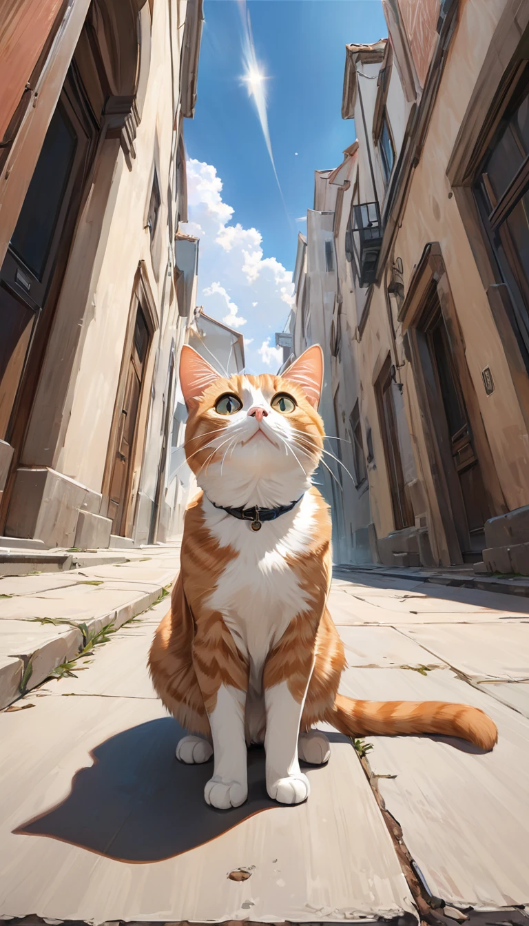 Cat looking up at the sky, Ground shot, masterpiece, best quality, super realism,