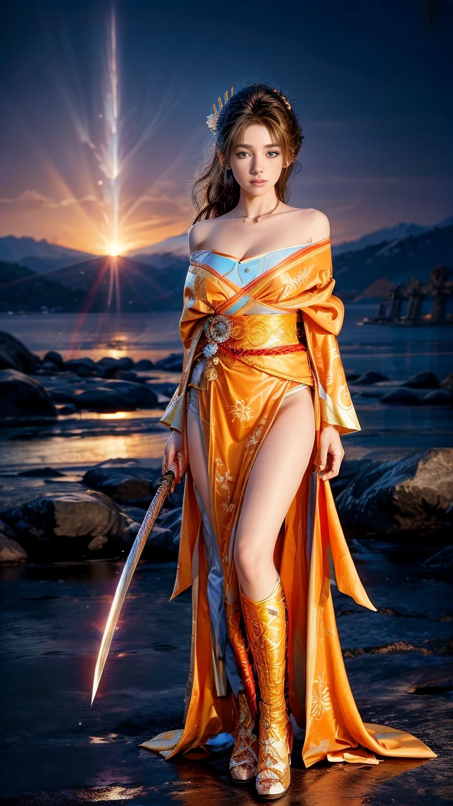 (RAW shooting, Photoreal:1.5, 8K, highest quality, masterpiece, ultra high resolution), Sengoku, Fire, Wars flaring up everywhere:1.3, perfect dynamic composition:1.2, Highly detailed skin and facial textures:1.2, Slim female samurai with a sharp Japanese sword:1.3, Fight:1.2, beautiful and aesthetic, cute and sexy beauty, perfect style:1.2, wear elaborate rings, fire, water, wind, Thunder, ice, Fair skin, very beautiful face, (Medium chest, Chest gap), (embarrassing smile, The expression on your face when you feel intense caress, Facial expression when feeling pleasure), Dull-colored combat uniform,A real sniper,Covert,(Wearing a sexy Sengoku uniform:1.1, off shoulder), (beautiful gray eyes, Eyes that feel beautiful eros:0.8), (Too erotic:0.9, Bewitching:0.9), full body shot,Small breasts,Flat Chest,Small hips,Are thin,Slim figure,Thin legs,Thin thighs,Upper kick,