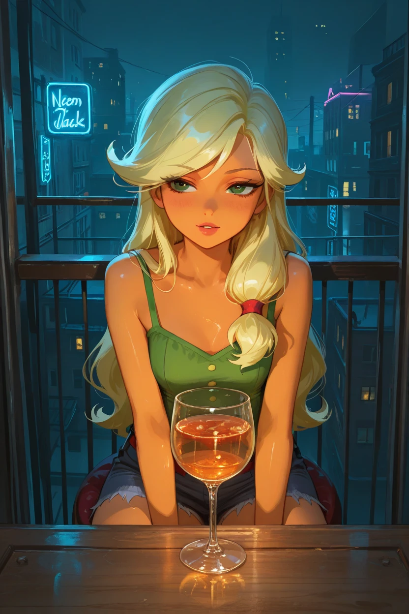 Applejack das Equestria Girls, Sitting in a cup ,  buildings in the background , , At night , look seductive, Glass feeling+lines of light，, neon lights