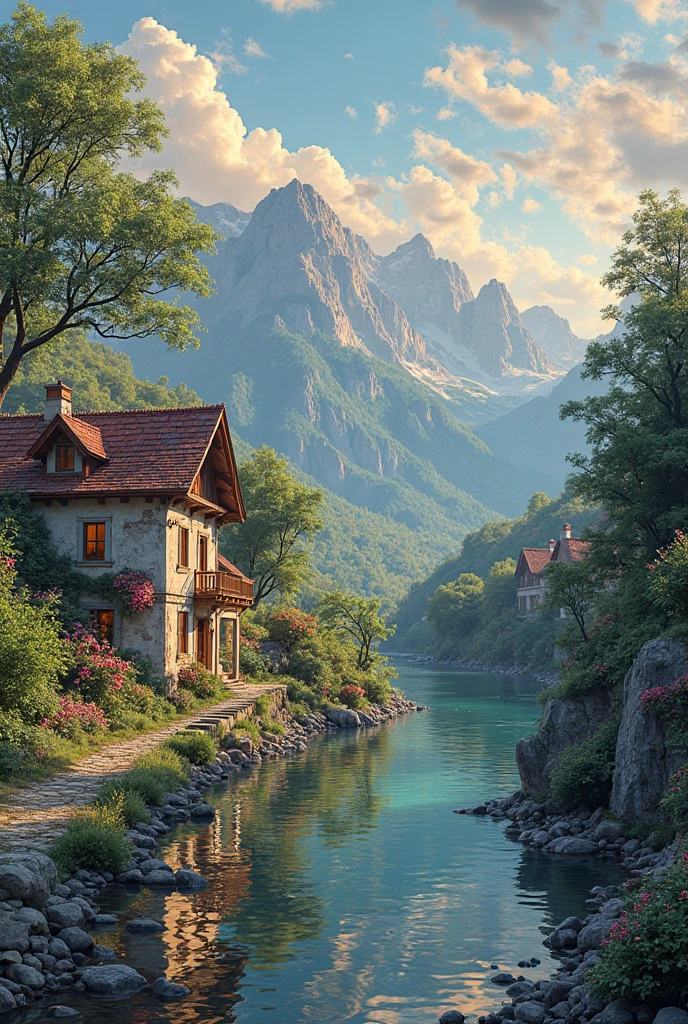 a small village by the river, mountains in the background, floral flowers colorful, detailed landscape, Beautiful natural landscapes, atmospheric lighting, scorching sunset, warm colours, practical, photopractical, Detailed Foliage, complex buildings, cobblestone street, Charming country house, swirly vibrant colors, lush vegetation, Still water reflections, Picturesque, idyllic, work of art, best qualityer, 8k, extremely detaild,anime styling