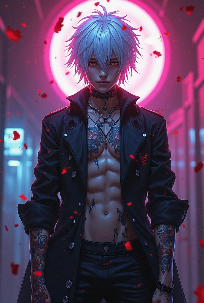 Juuzou suzuya badass hot man white hair with neon background and blood
