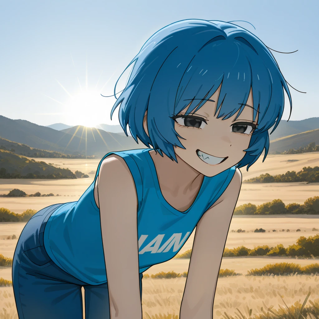 ,A beautiful young athletic barefoot woman, mit blauen Haaren zu einem Dutt, Tragen Sie enge schwarze, futuristische Kleidung, consisting of a sleeveless sports bra and leggings, blauer Nagellack , Squatting barefoot animation stills, masami teraoka, aquamarine, paul gauguin, Embry style, honest portrayal