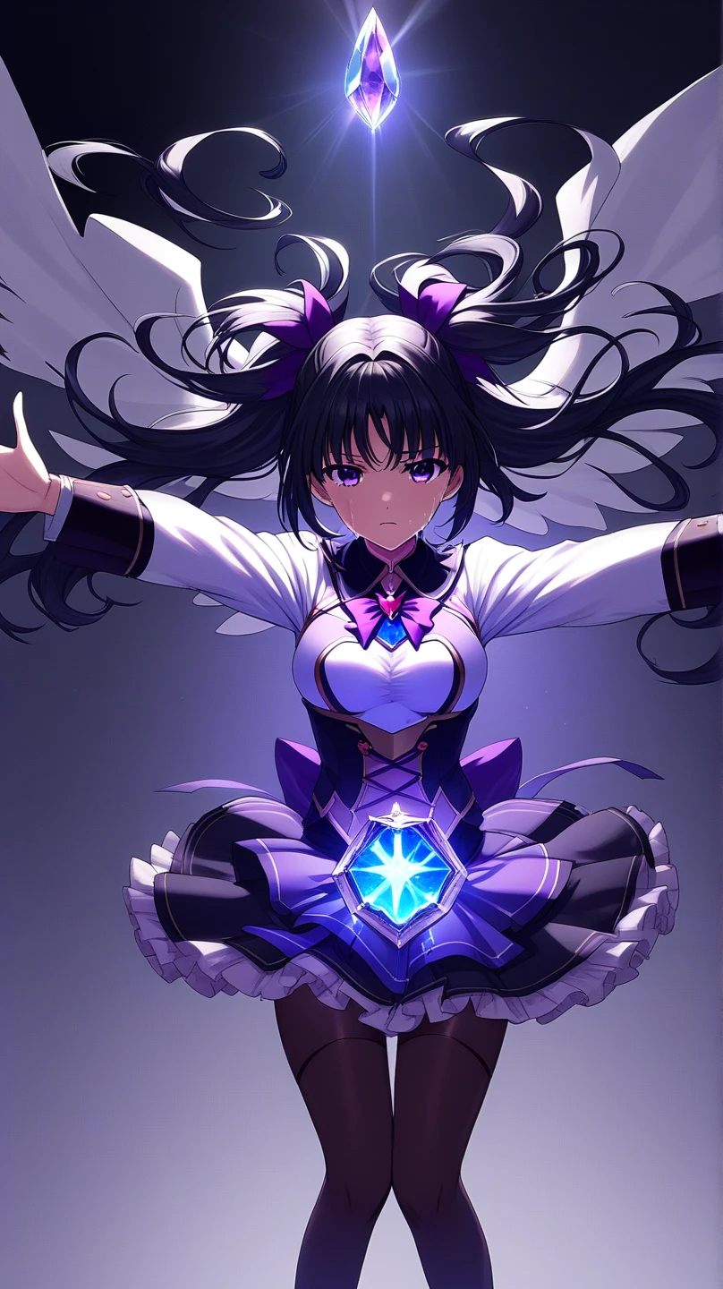 masterpiece, highest quality, Adult women,Very detailed,Rin々Nice face,Open Mouth Smile,White, pink and purple wizard uniform,Medieval Europe,Show your armpits,Black eyes,The dignity of a hero,,Small hair ornament,tattoo,Cape,Legs visible through the skirt,Natural Beauty,Cinematic,Large Breasts,Cleavage,Casting a spell,A big magic circle behind,The magic circle is shaped like a clock.,Rainbow Magic Circle