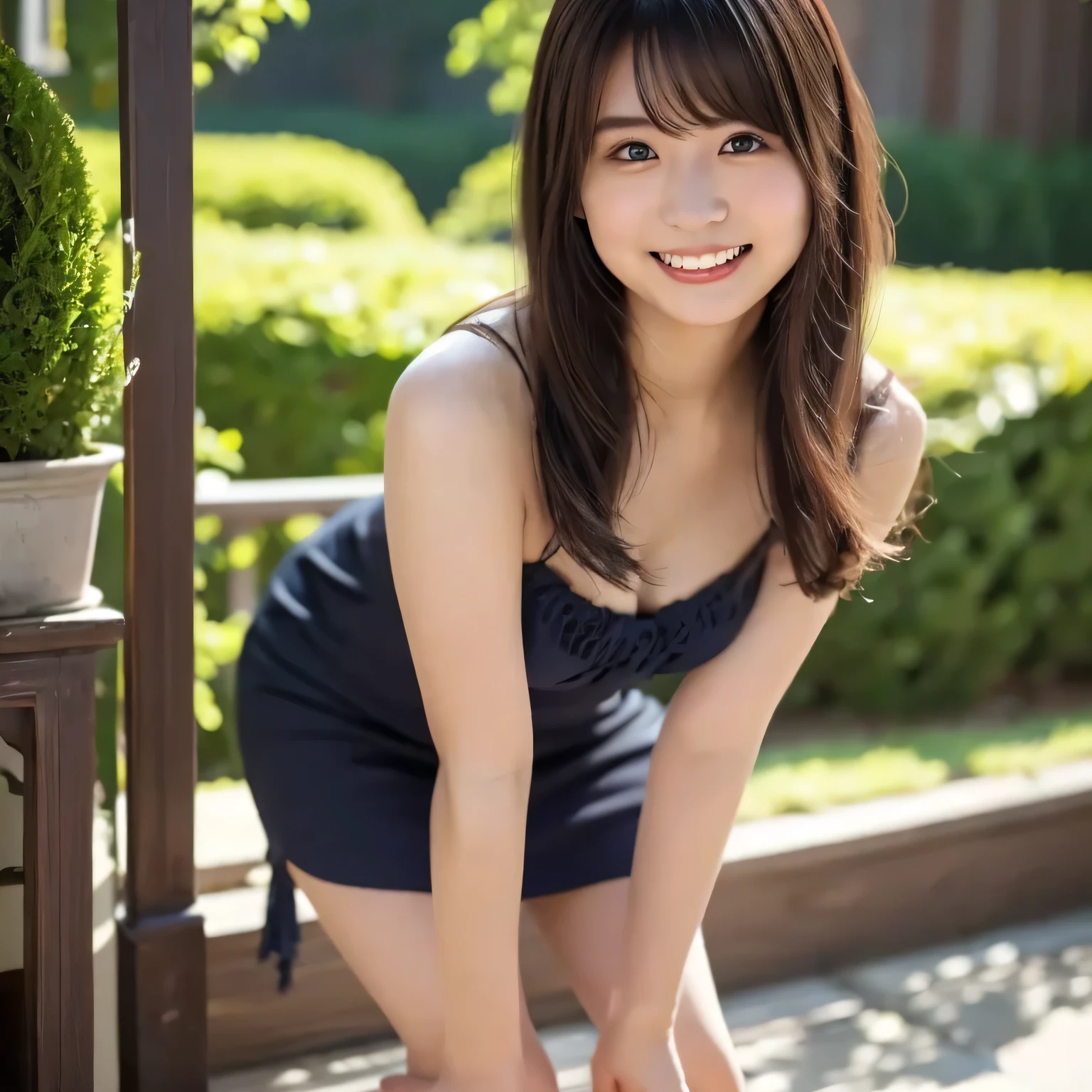 (Masterpiece) Realistic depictions of sexy and stunningly beautiful photos (18-year-old female) Exudes confidence and joy.. (summer dress) Brilliant smile and elegance (pony-tail). Small breasts, Flat chest. happy, Dynamic. A bright smile. Sit with your legs apart