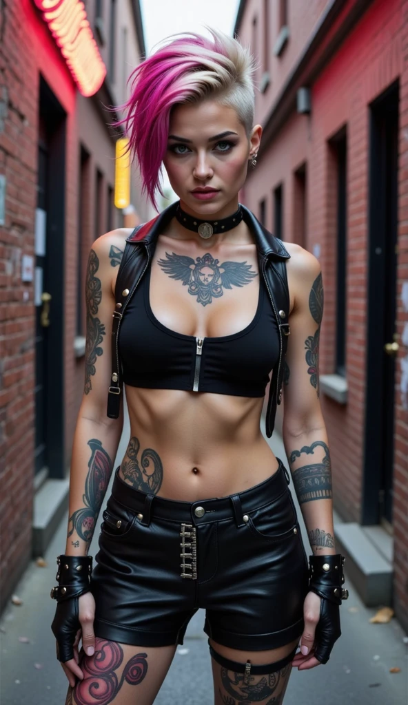 (RAW,, Nikon Z 14mm ultra-wide angle lens, award-winning glamour photography, ((best quality)), ((masterpiece)), ((realistic)), skin pores, subsurface scattering, radiant light rays, high resolution, detailed facial features, high detail, sharp, smooth, aesthetic, extremely detailed focutremely detailed eyes, extremely detailed iritremely detailed hair, extremely detailed skin, extremely detailed clothing, octane rendering, photorealistic, realistic, post-processing, maximum detail, realistic shadows, roughness, natural skin texture, real life, ultra-realistic, photorealism, photography, 8k UHD, photography, HDR, intricate, elegant, highly detailed, sharp focus, stunning, beautiful, beautiful), (masterpiece: 1.2), (best quality: 1.2), perfect eyes, perfect face, volumetric lighting, 1girl, young woman, punk, mohawk, shredded clothes, tattoos, smile, paint, graffiti, environment, pink hair, blue eyes, fingerless gloves, t-shirt, leather pants, working out in a gym, detailed background of the alley cancel