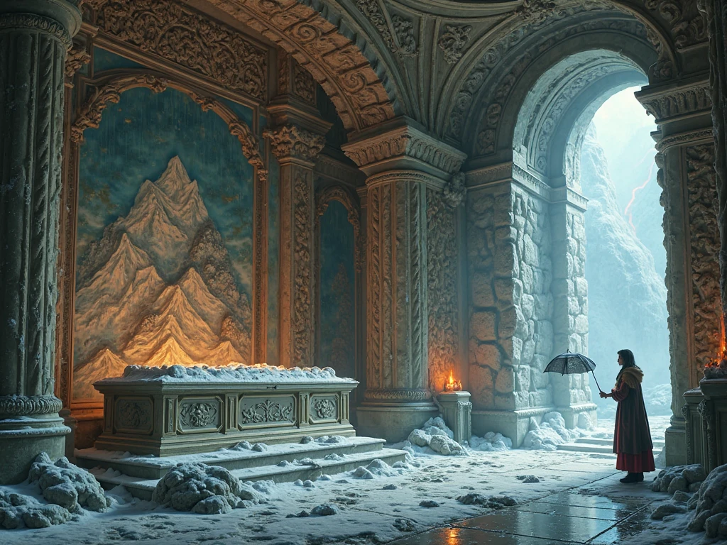 The interior of a richly decorated tomb with elaborate marble carvings and paintings. There is a massive sarcophagus, engraved with an image of a beautiful woman. A light fog hangs in the air, , amplifying the eerie atmosphere.

Scenes on the walls (detailed, in fantasy style):
Snow-covered mountain — A woman in a fur coat stands on an icy cliff, looking at the distant mountain peaks. On the top of the mountain, you can see a small depression.

Storm and lightning — A woman holds an umbrella in the pouring rain, and a zigzag of lightning cuts through the sky. At its base, you can see a tiny depression.

Fireplace in a cozy room — She is sitting in a chair by a blazing fire, and you can see a barely noticeable depression among the flames.

A poisonous snake in the garden — She carefully holds the snake by her head, a tiny depression can be seen next to her fangs.

Alchemy laboratory with boiling acid — In an alchemical apron she is a stirrer a bubbling vessel, on the surface of which there is a small depression.